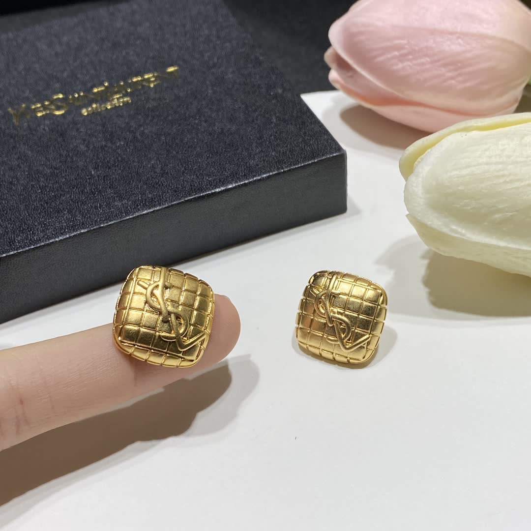 YSL Gold Textured Square Stud Earrings
