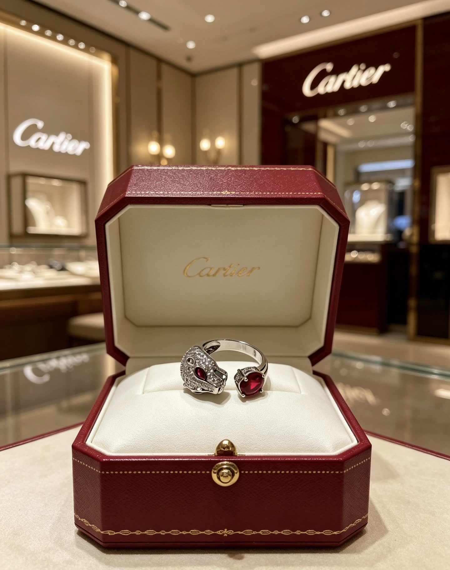 Cartier Silver Panther Ring with Ruby Eyes