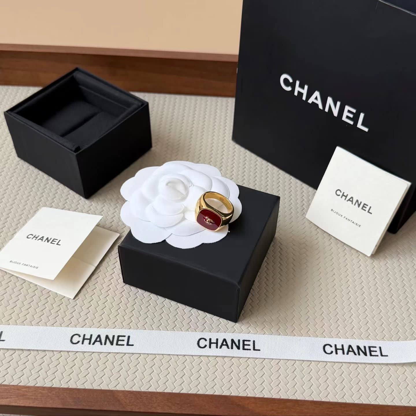 Chanel Red Ring with Gold Logo