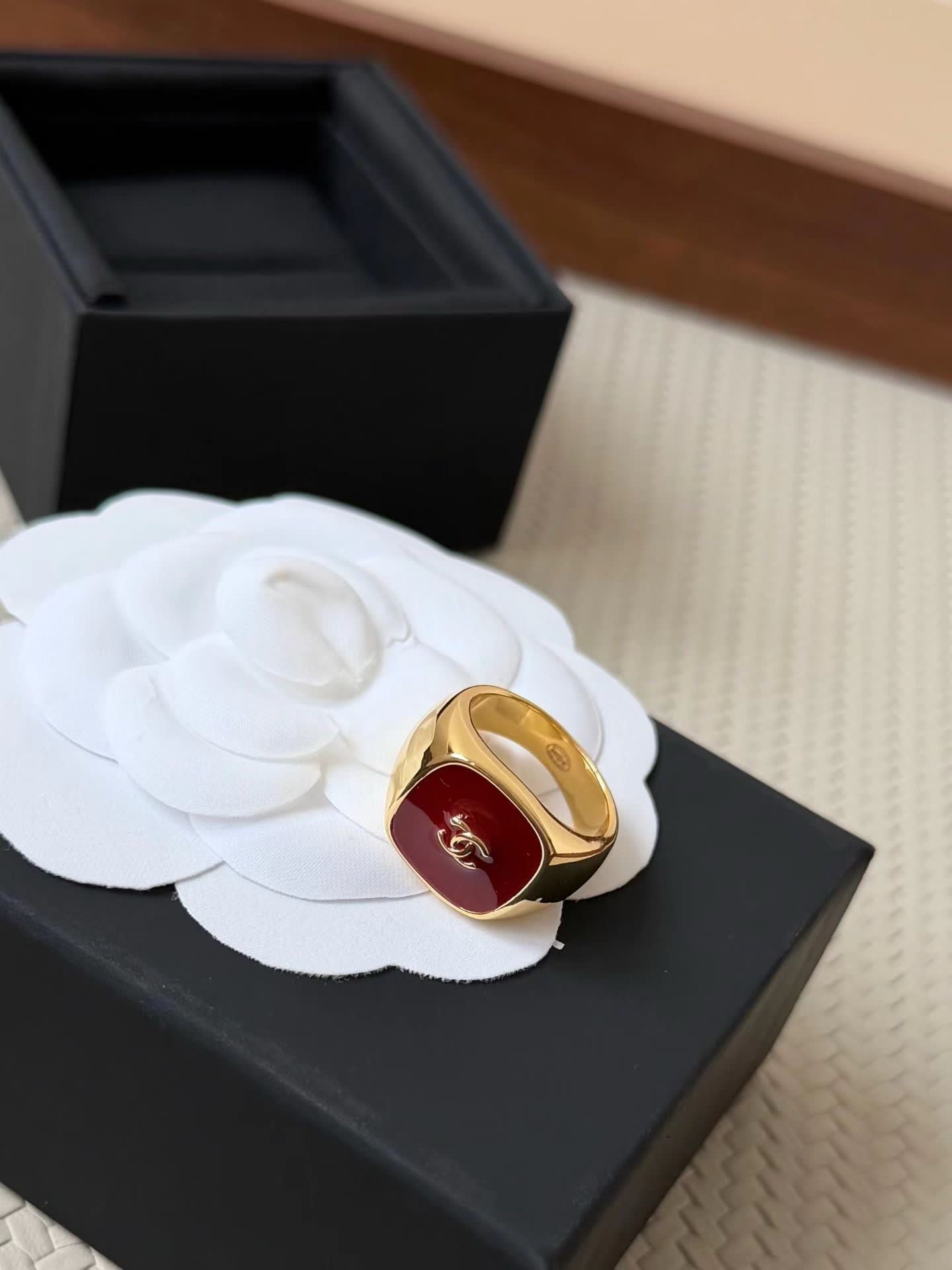 Chanel Red Ring with Gold Logo