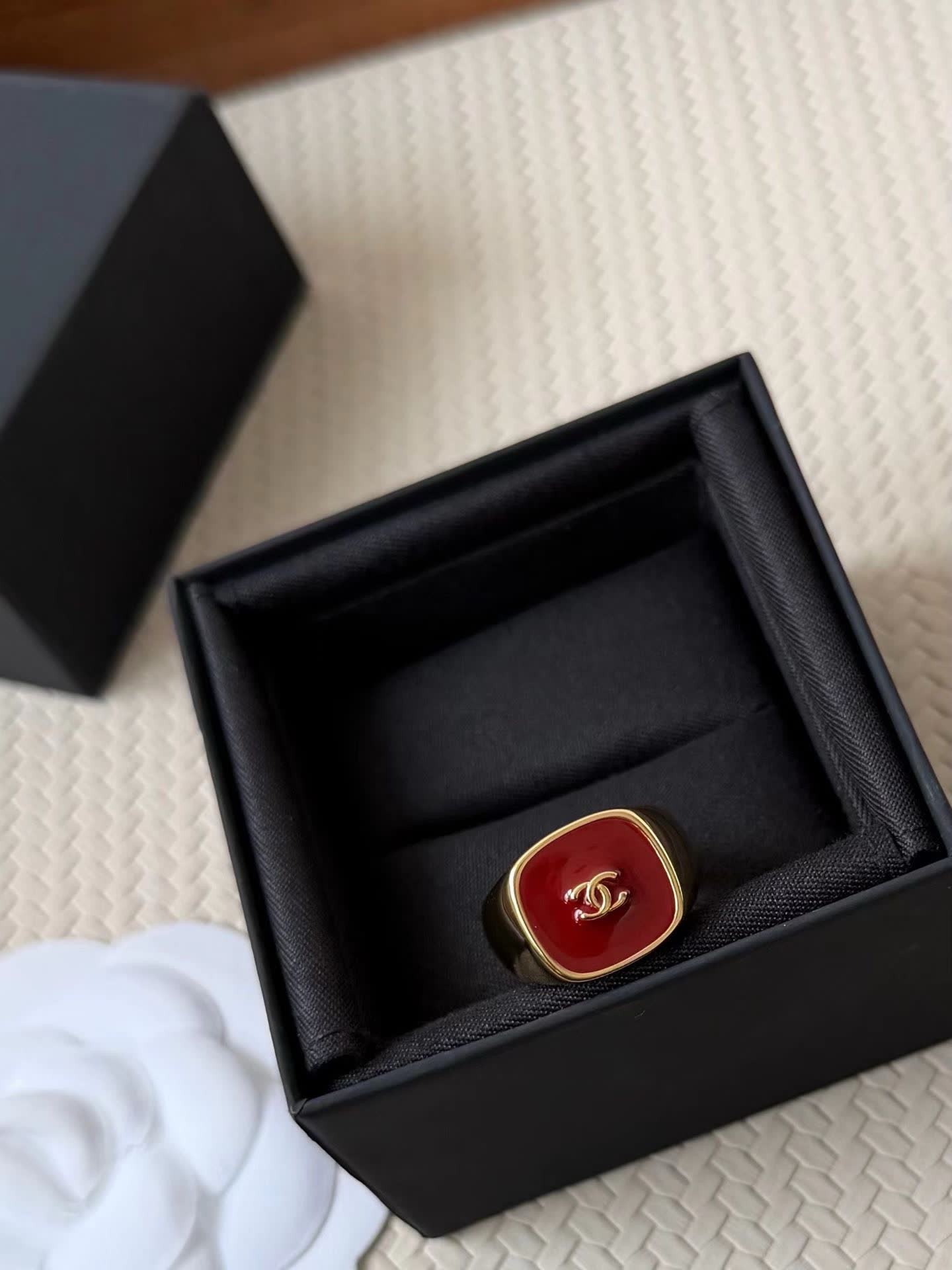 Chanel Red Ring with Gold Logo