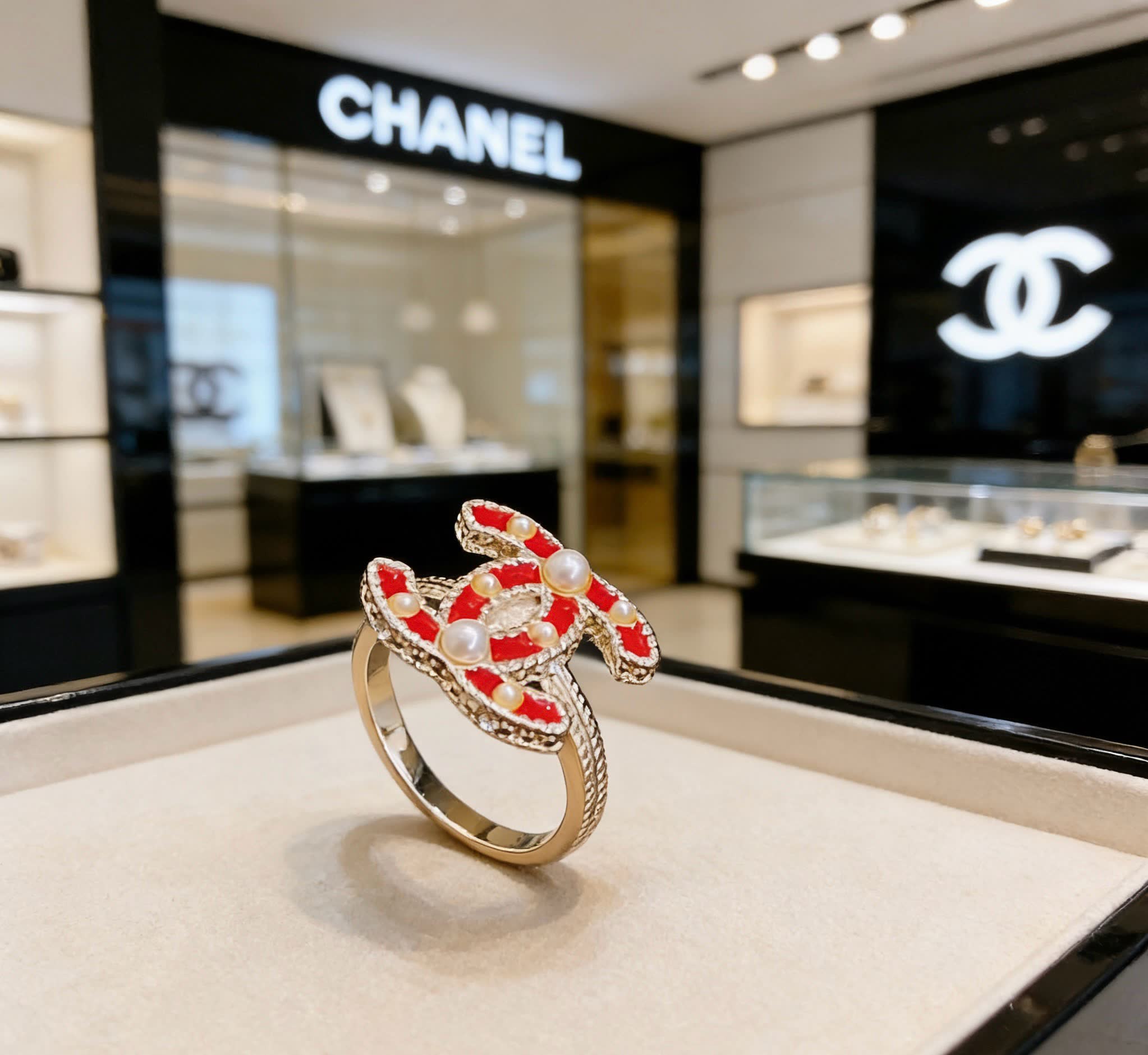 Chanel Red Enamel and Pearl Ring