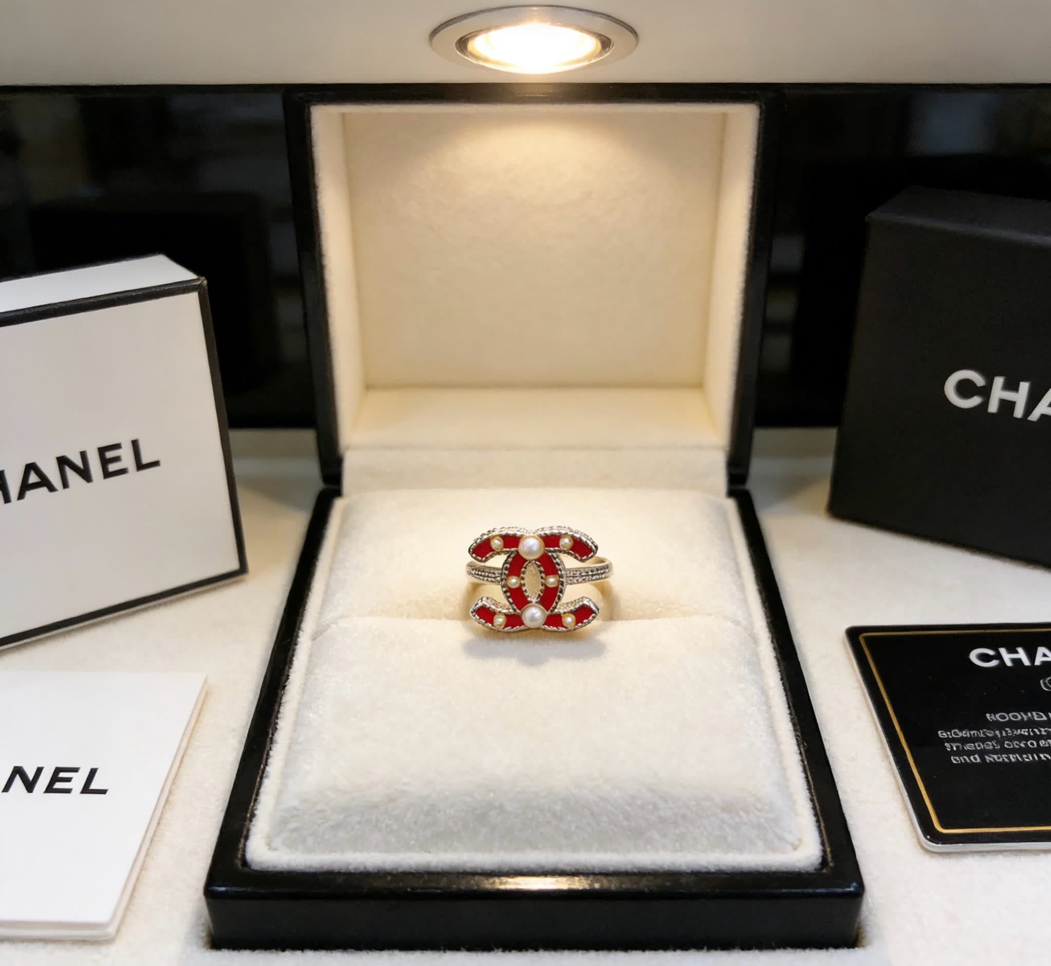 Chanel Red Enamel and Pearl Ring