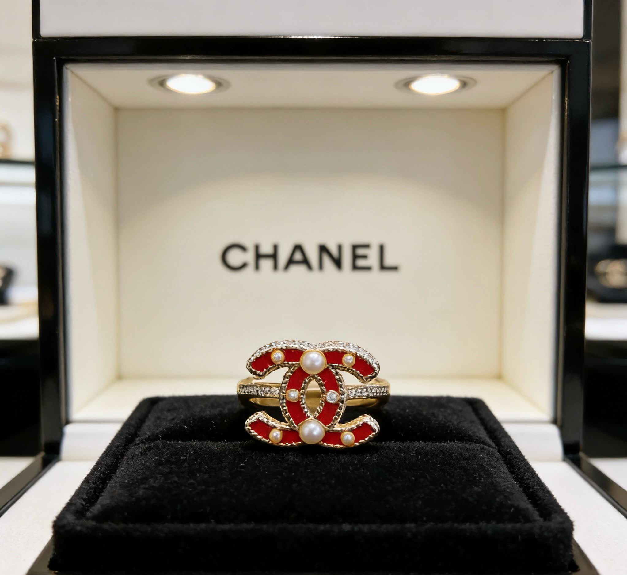 Chanel Red Enamel and Pearl Ring