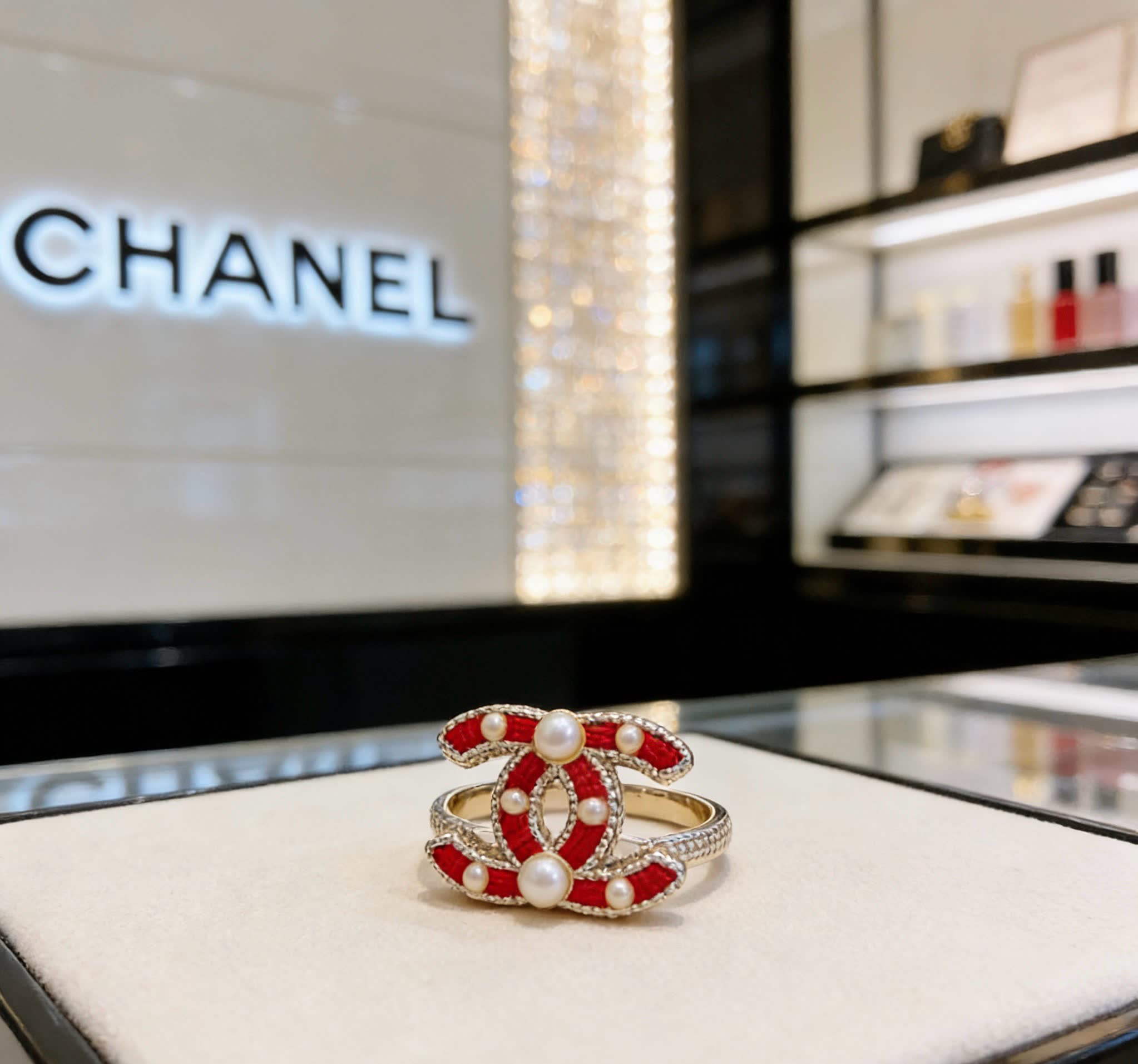 Chanel Red Enamel and Pearl Ring