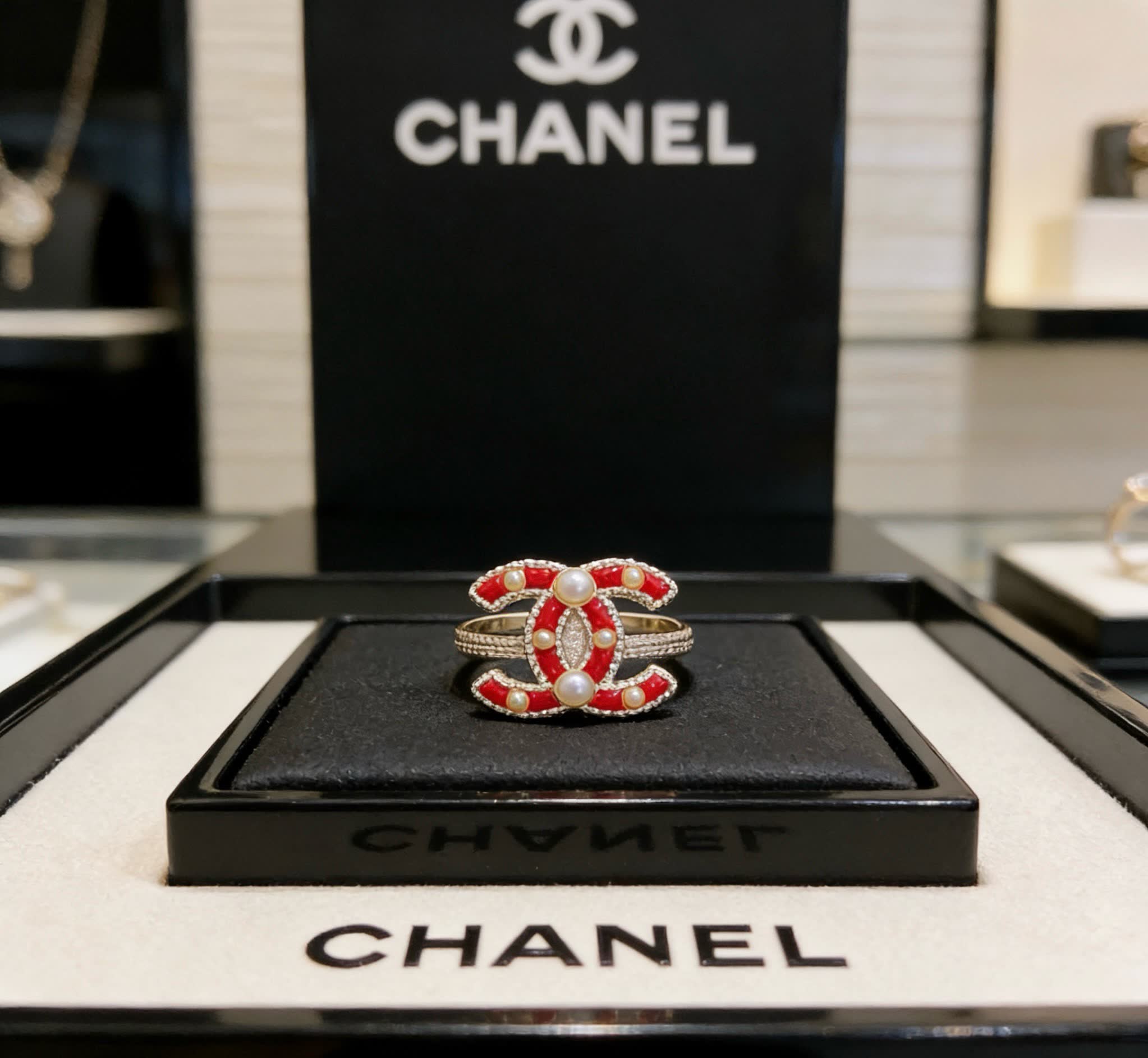Chanel Red Enamel and Pearl Ring