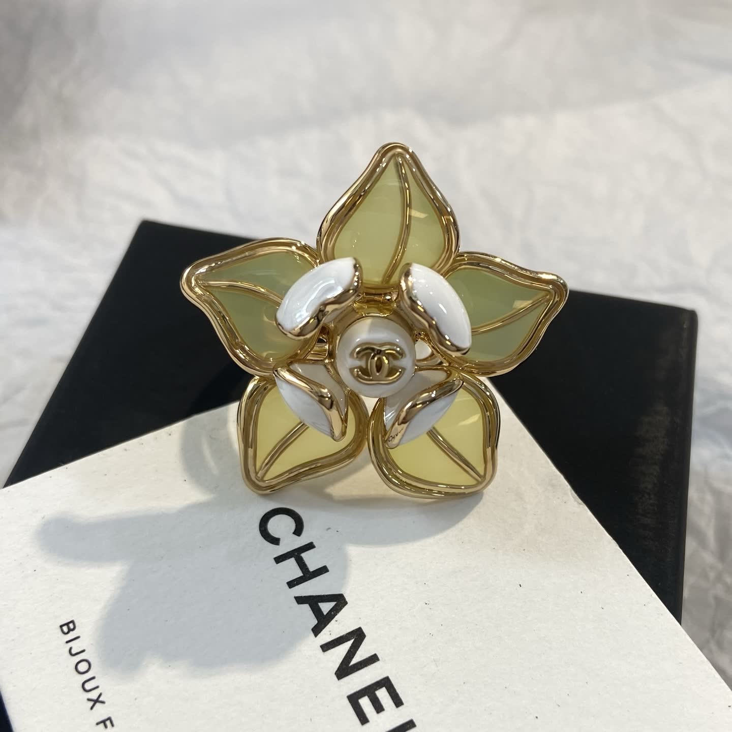 Chanel Gold and White Enamel Camellia Ring