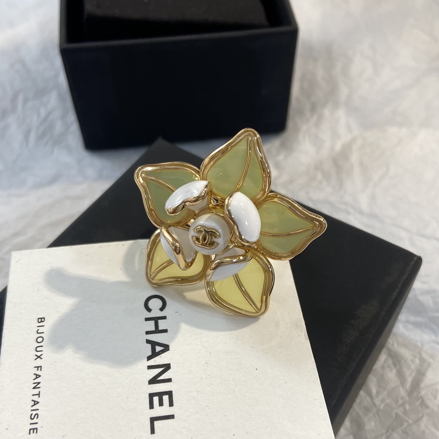 Chanel Gold and White Enamel Camellia Ring