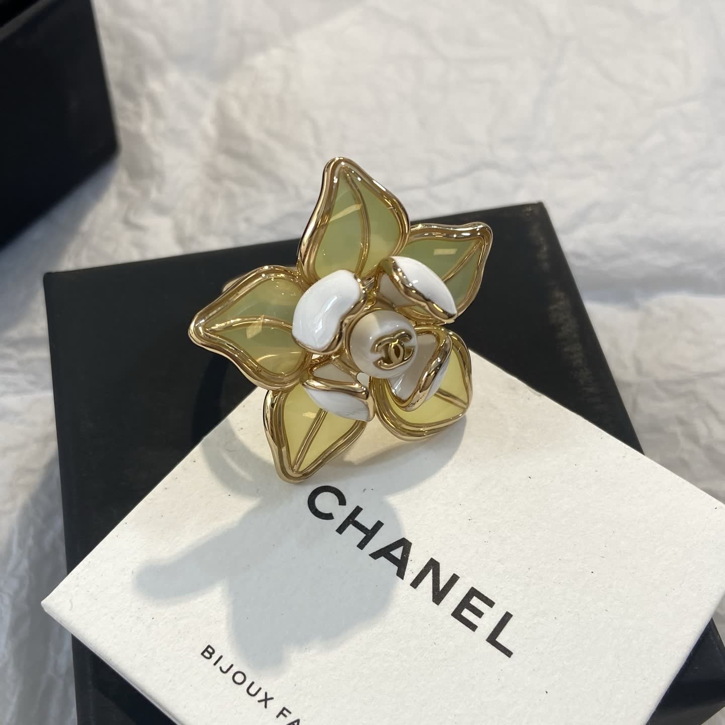 Chanel Gold and White Enamel Camellia Ring
