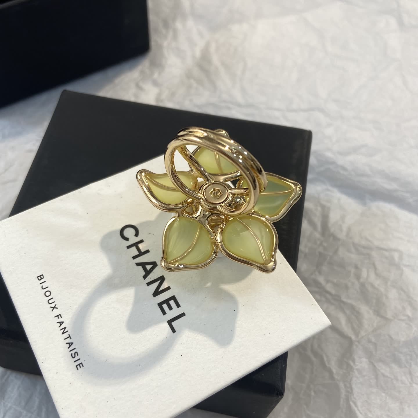 Chanel Gold and White Enamel Camellia Ring