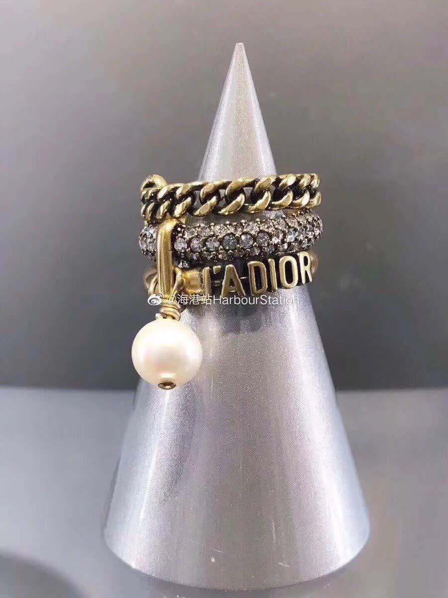 Dior Gold Tone Ring Set with Pearl Charm