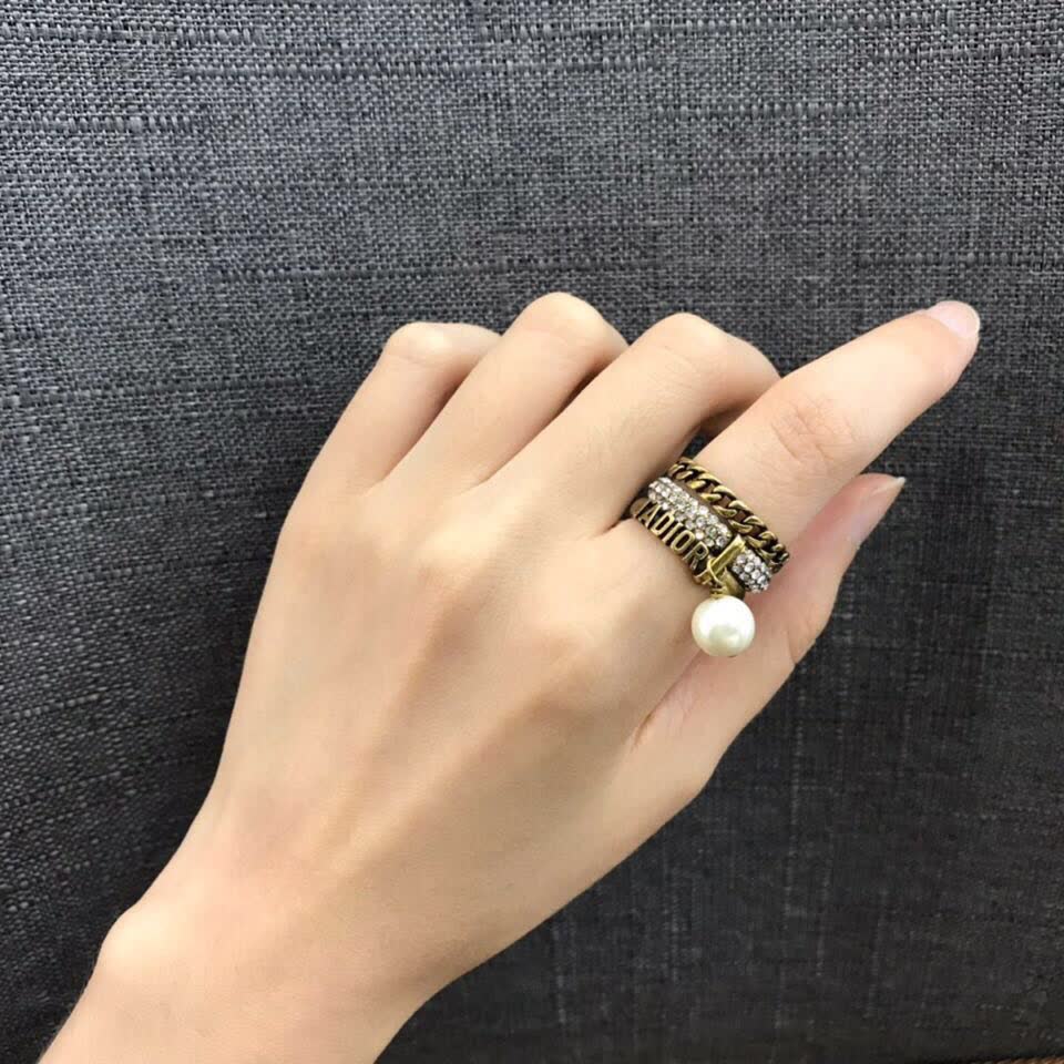 Dior Gold Tone Ring Set with Pearl Charm