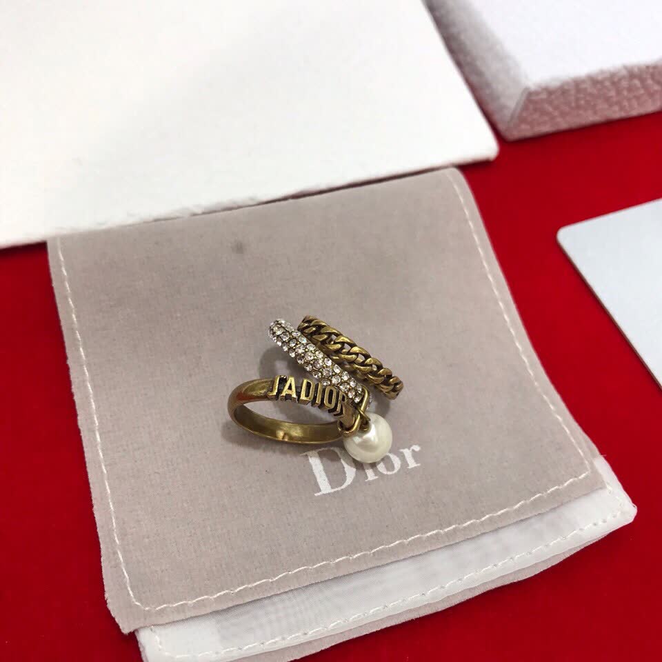 Dior Gold Tone Ring Set with Pearl Charm