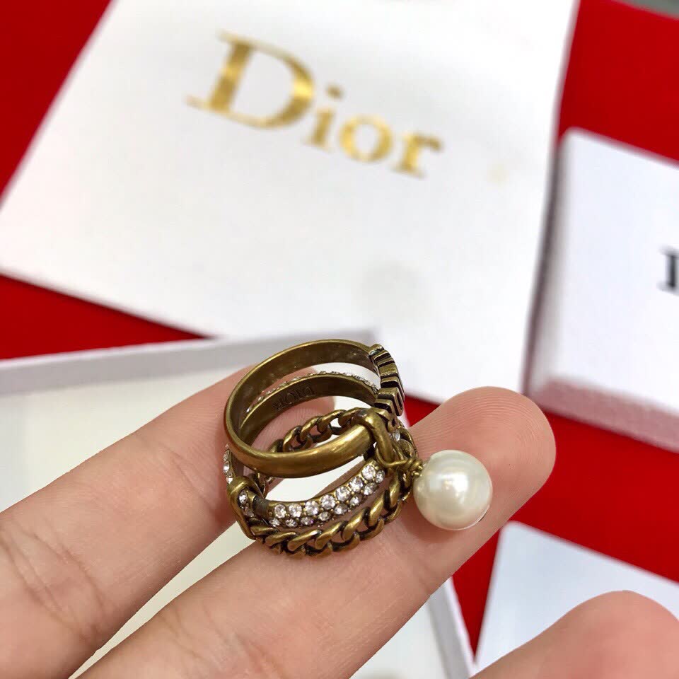 Dior Gold Tone Ring Set with Pearl Charm