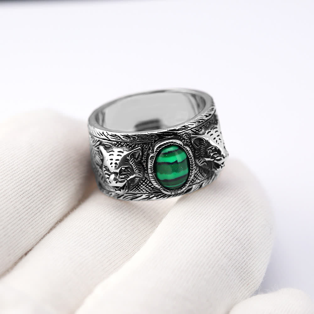 Gucci Silver Tiger Ring with Malachite Stone