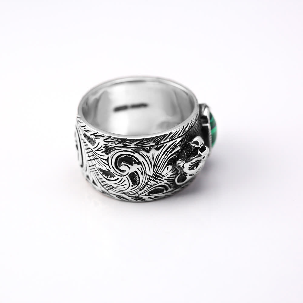 Gucci Silver Tiger Ring with Malachite Stone