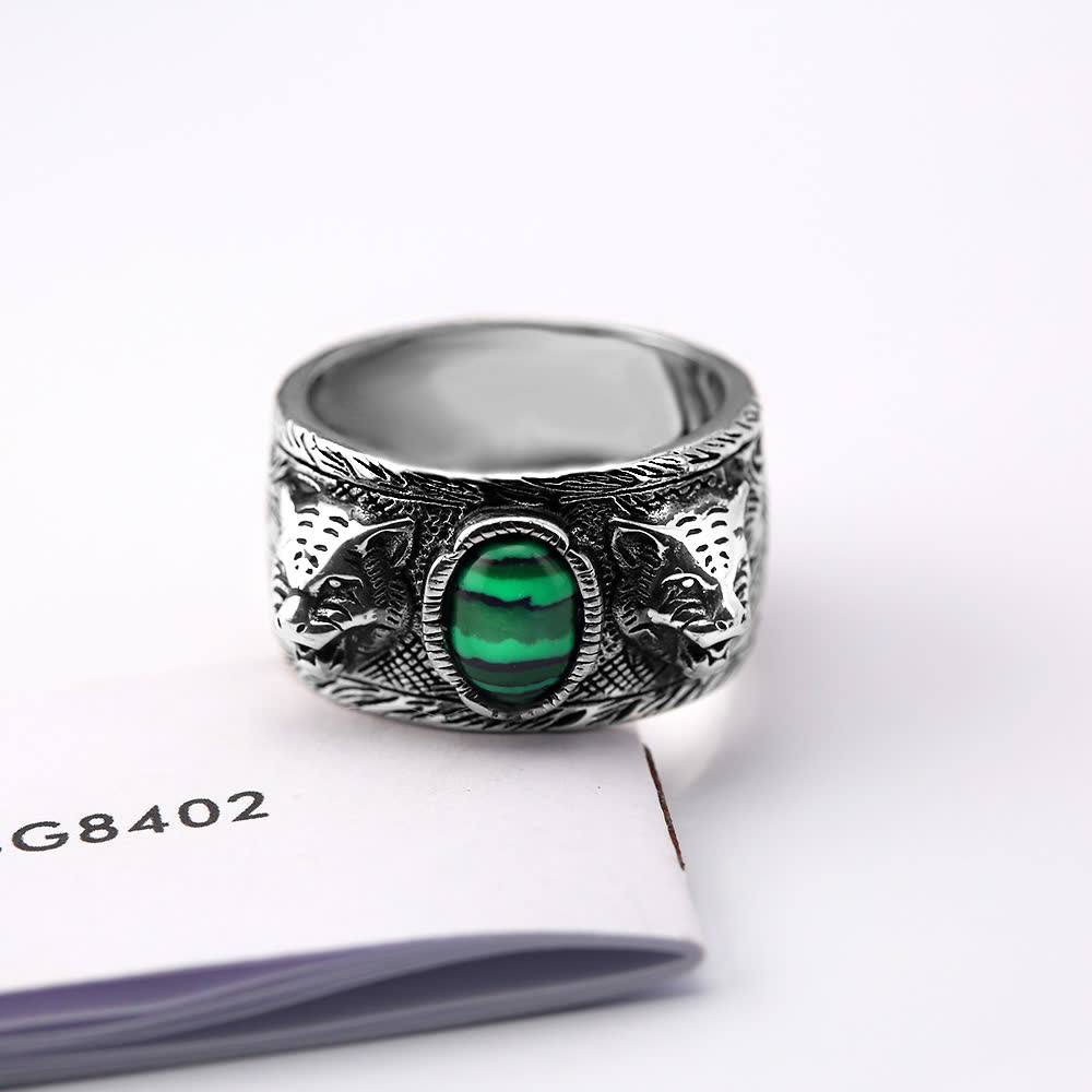Gucci Silver Tiger Ring with Malachite Stone