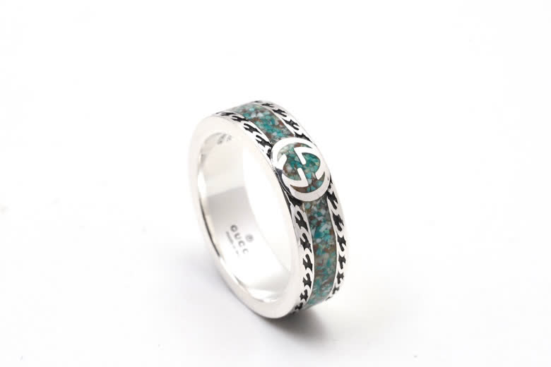 Gucci Silver Ring with Interlocking G and Green Stone Inlay