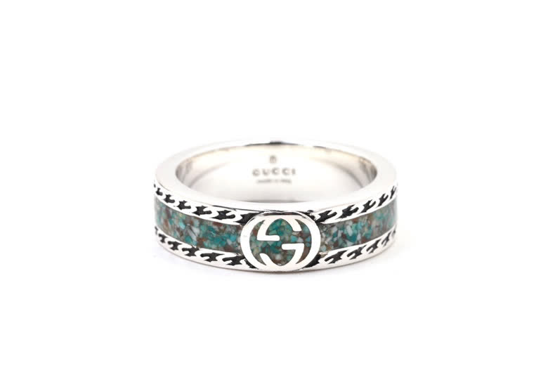 Gucci Silver Ring with Interlocking G and Green Stone Inlay