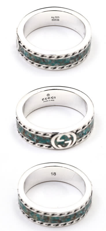 Gucci Silver Ring with Interlocking G and Green Stone Inlay