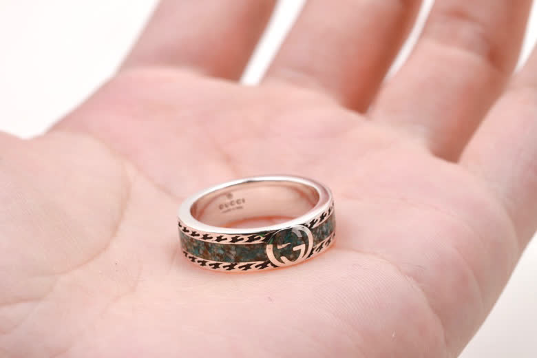 Gucci Silver Ring with Interlocking G and Green Stone Inlay