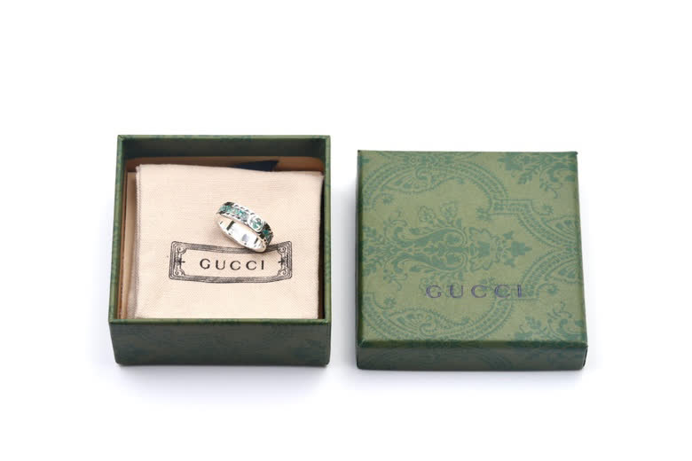 Gucci Silver Ring with Interlocking G and Green Stone Inlay