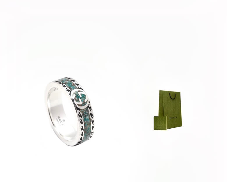 Gucci Silver Ring with Interlocking G and Green Stone Inlay