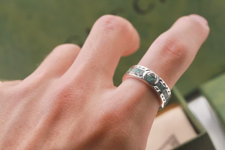 Gucci Silver Ring with Interlocking G and Green Stone Inlay