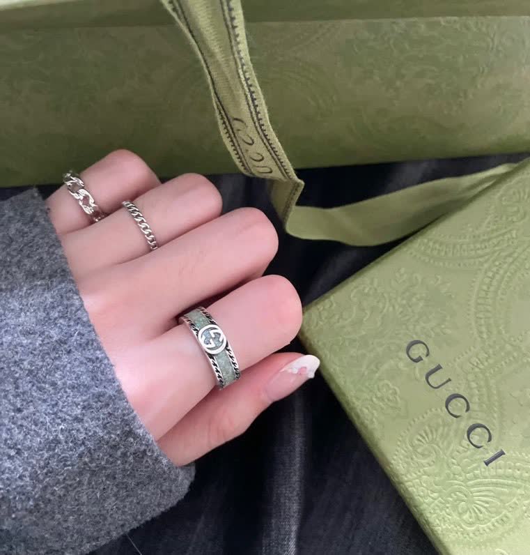 Gucci Silver Ring with Interlocking G and Green Stone Inlay
