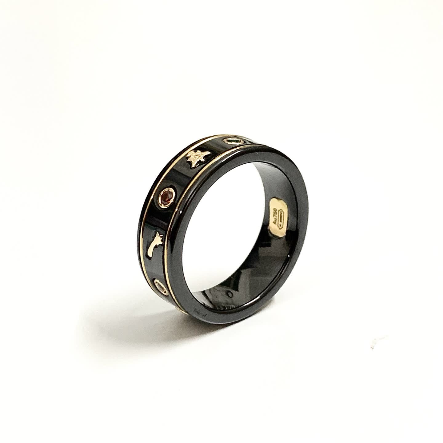 Gucci Black Ceramic Ring with Gold Accents and Gemstones