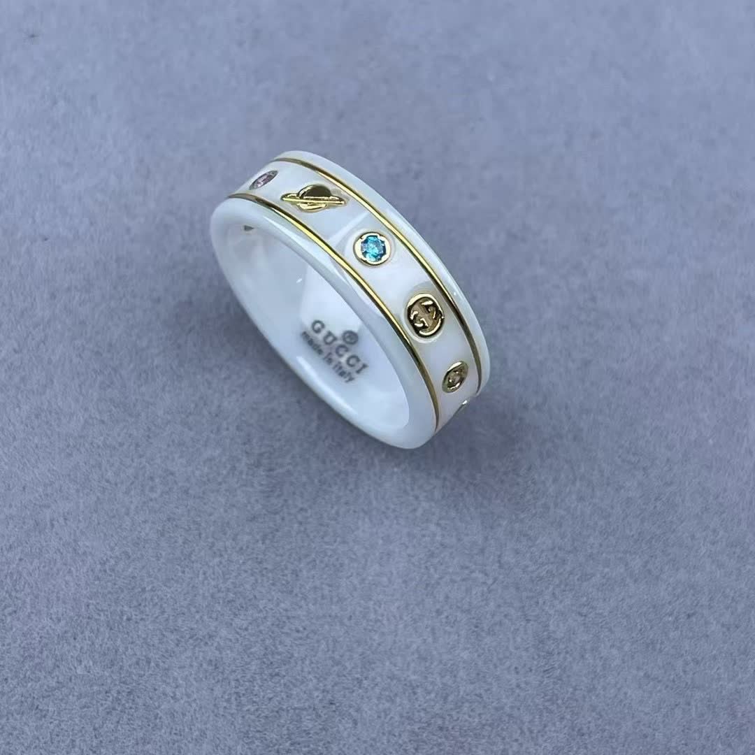 Gucci White Ceramic Ring with Gold Accents and Gemstones