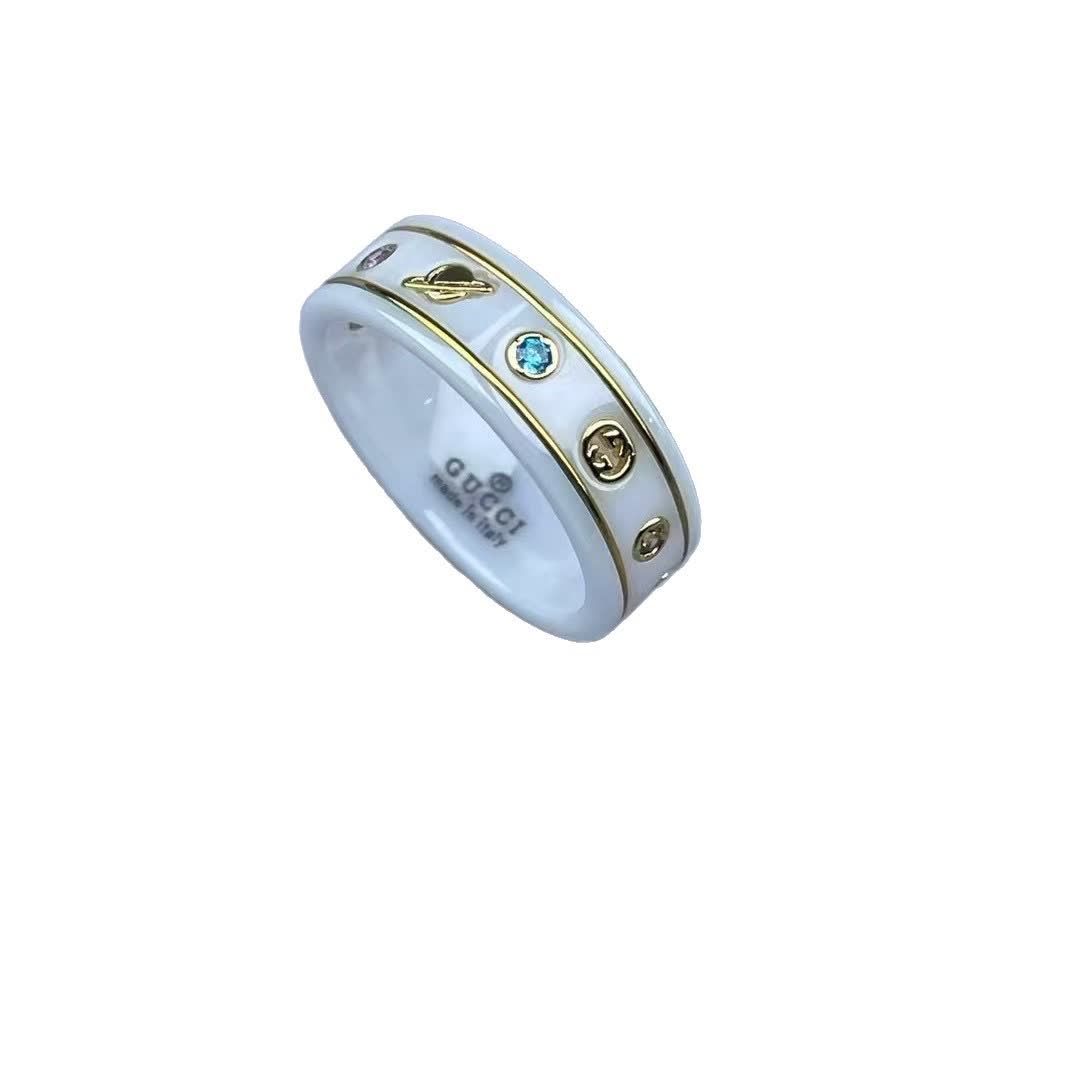 Gucci White Ceramic Ring with Gold Accents and Gemstones