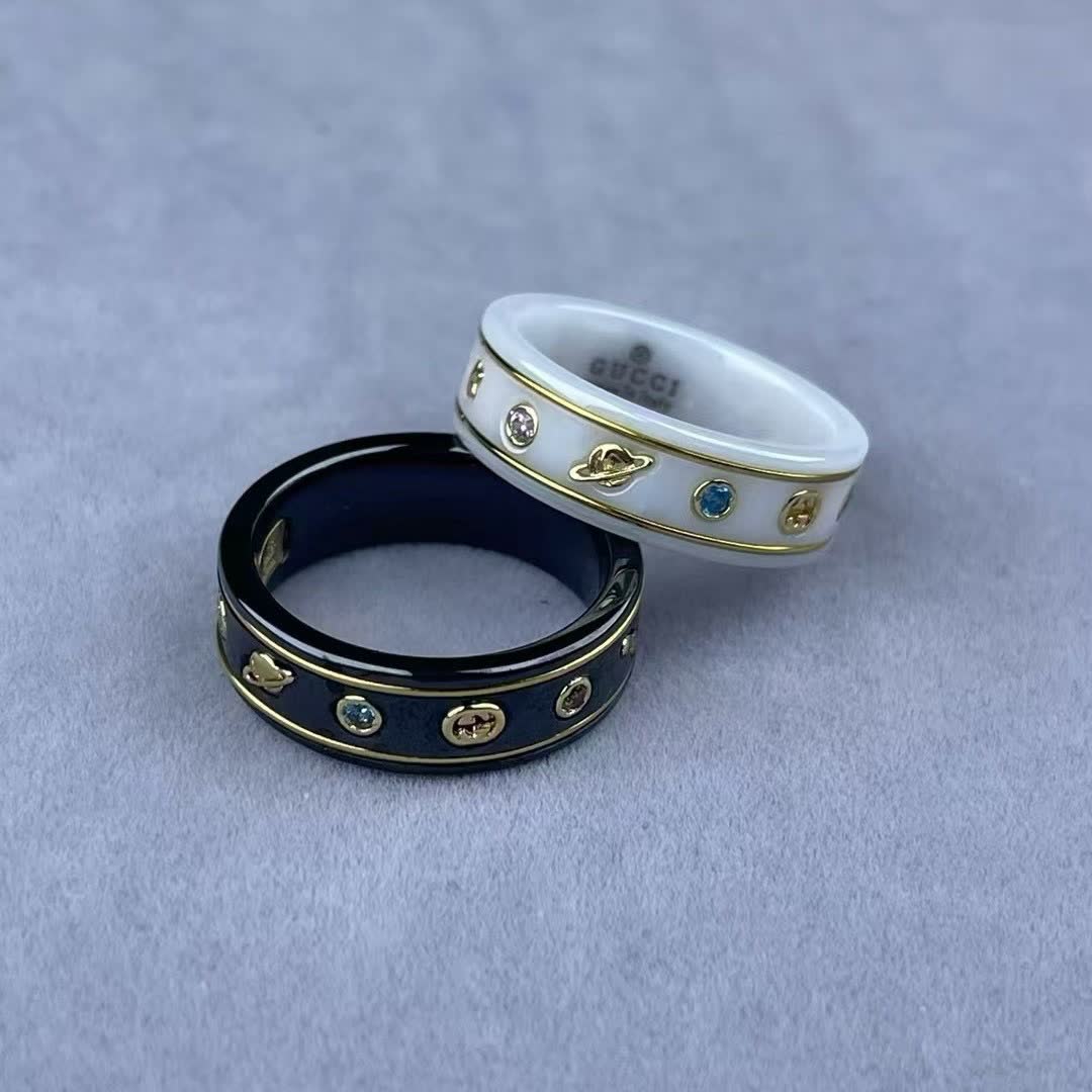 Gucci White Ceramic Ring with Gold Accents and Gemstones