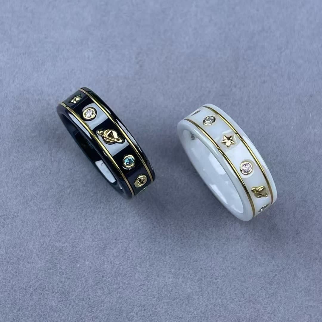 Gucci White Ceramic Ring with Gold Accents and Gemstones