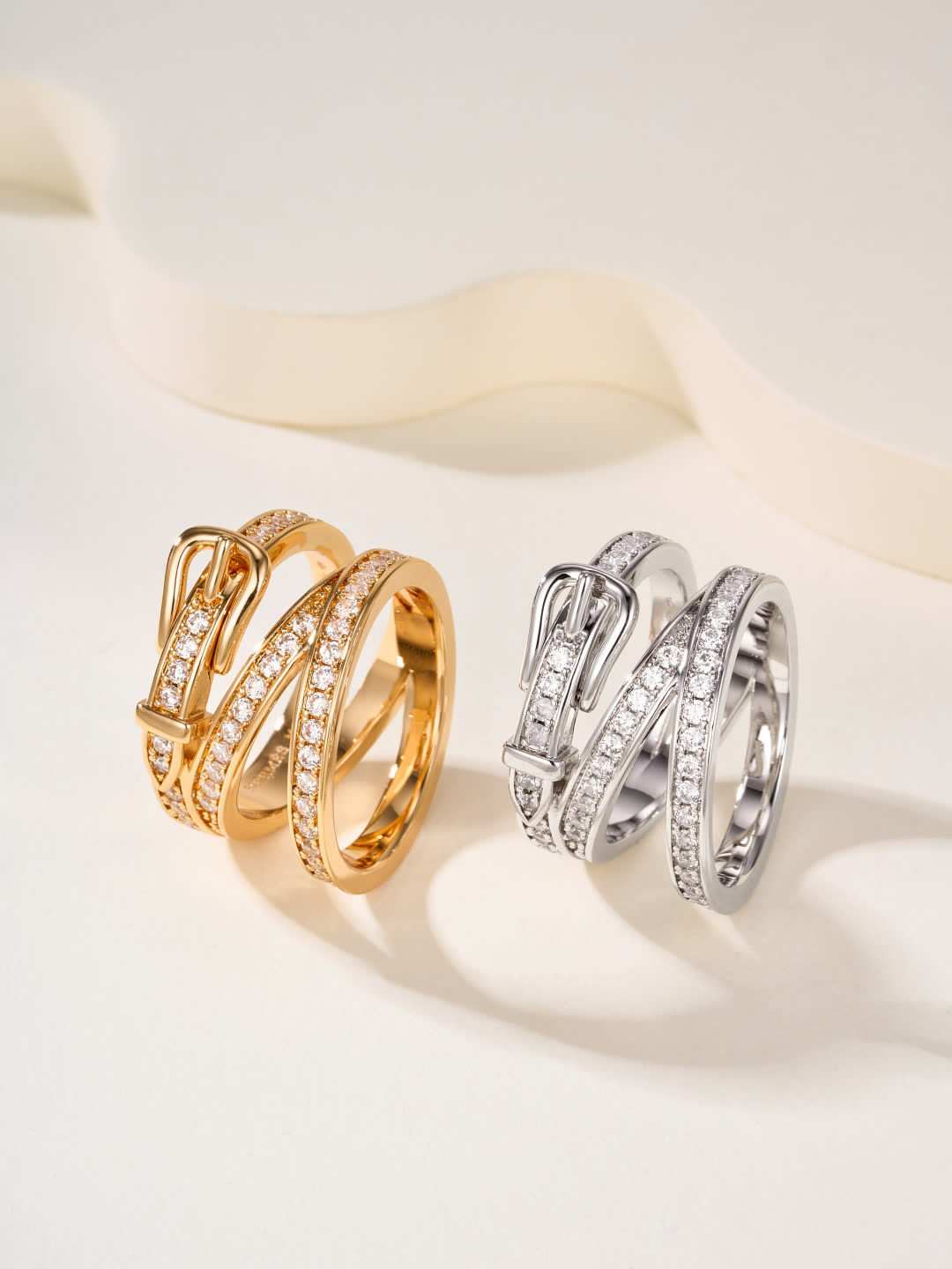 Hermes Elegant Gold and Silver Ring Set with Diamond Accents