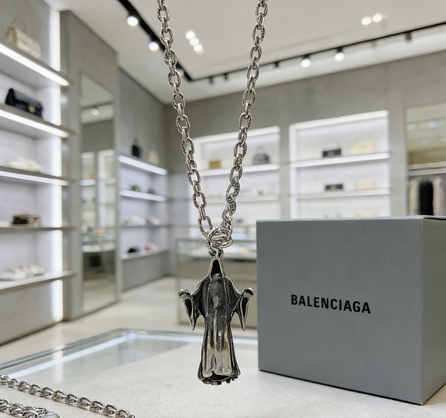 Balenciaga Silver Ghost Pendant Necklace