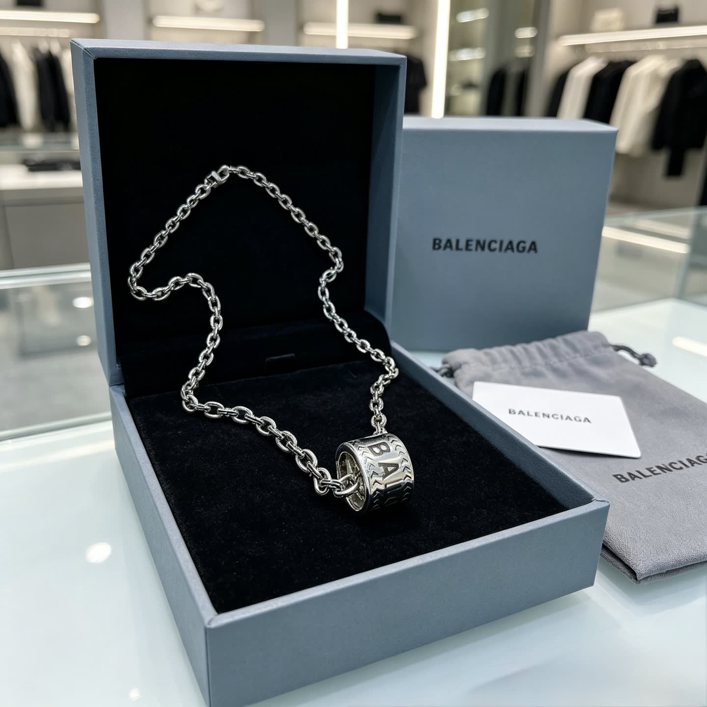 Balenciaga Silver Tone Logo Pendant Necklace