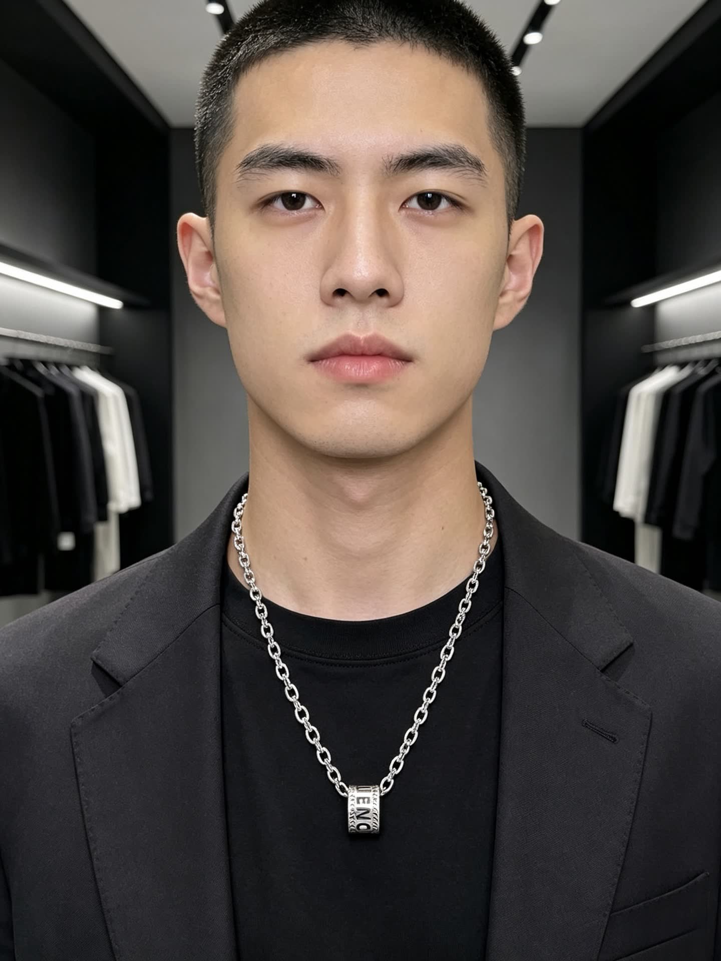 Balenciaga Silver Tone Logo Pendant Necklace
