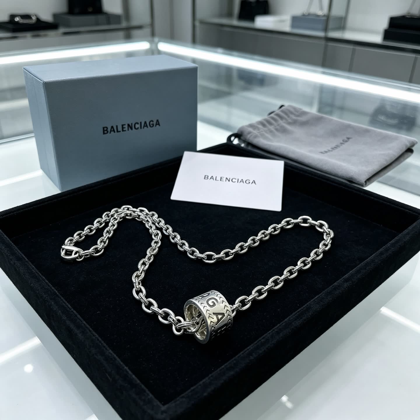 Balenciaga Silver Tone Logo Pendant Necklace