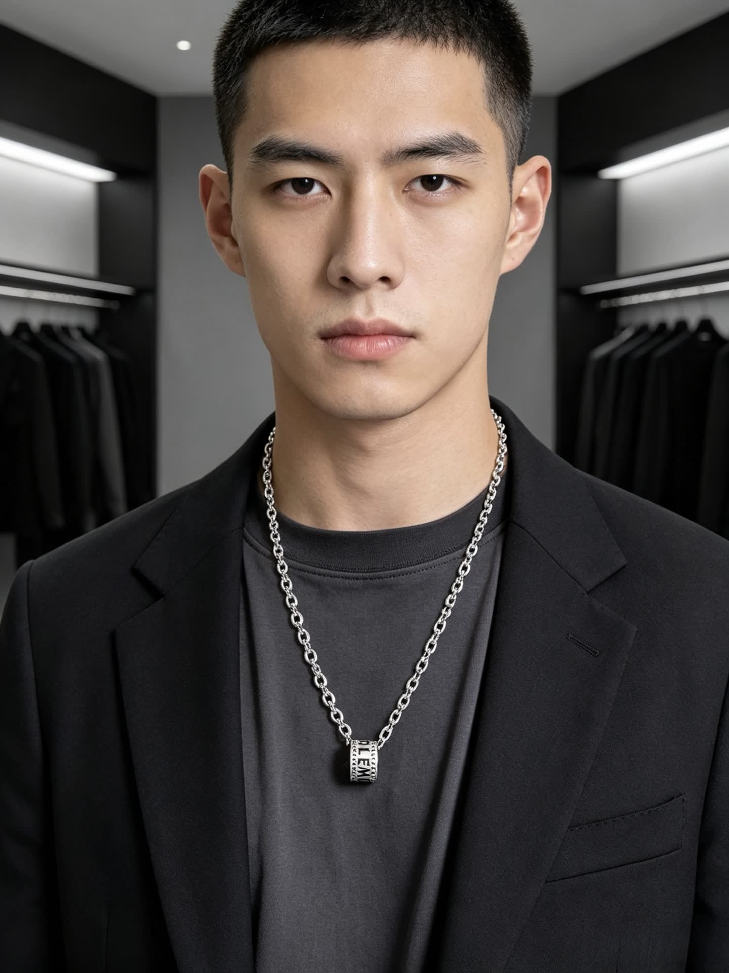 Balenciaga Silver Tone Logo Pendant Necklace