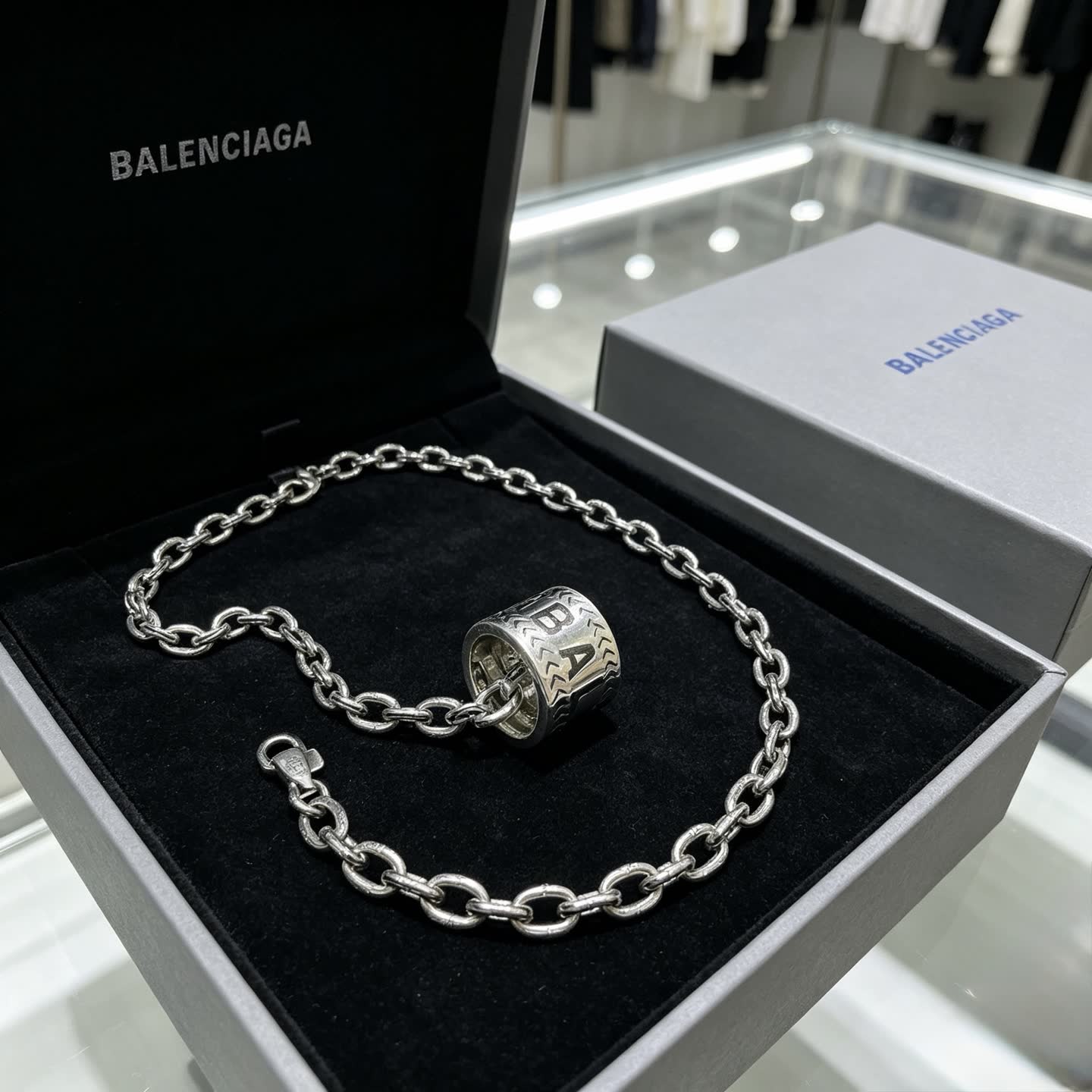 Balenciaga Silver Tone Logo Pendant Necklace