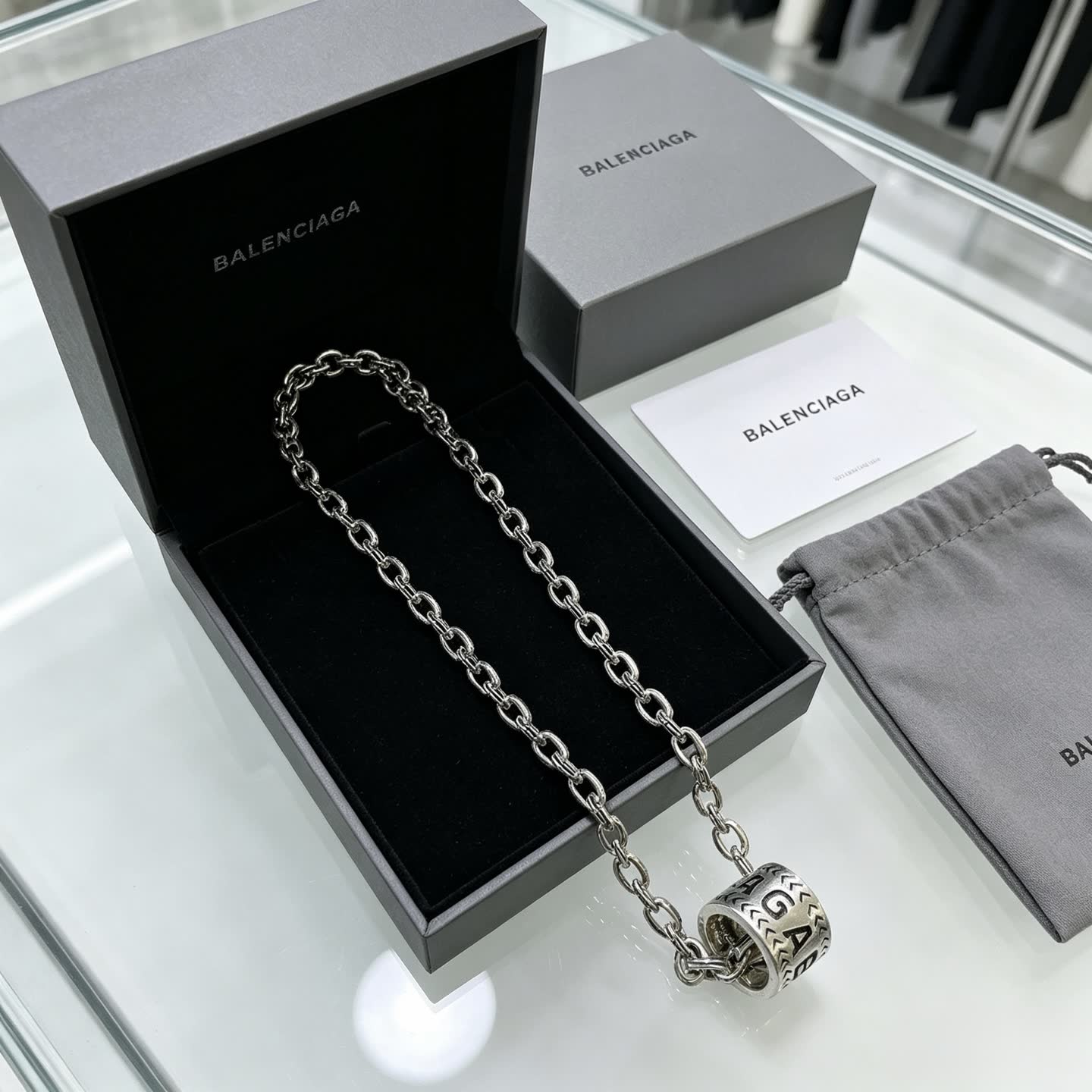 Balenciaga Silver Tone Logo Pendant Necklace