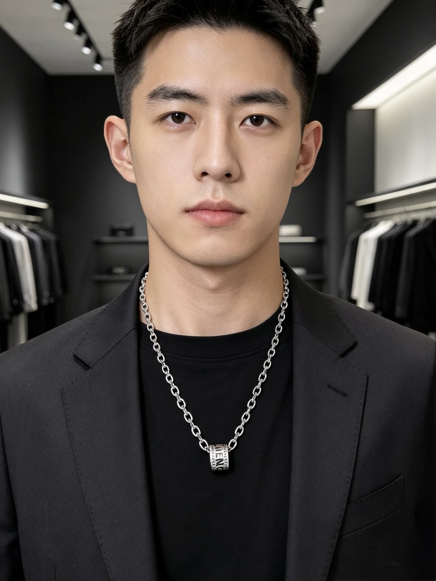 Balenciaga Silver Tone Logo Pendant Necklace