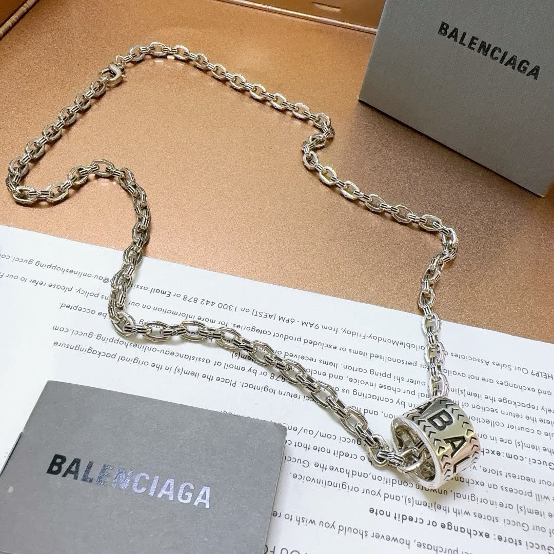 Balenciaga Silver Tone Logo Pendant Necklace