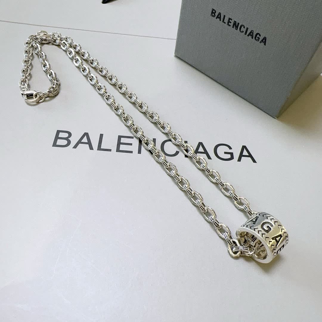 Balenciaga Silver Tone Logo Pendant Necklace