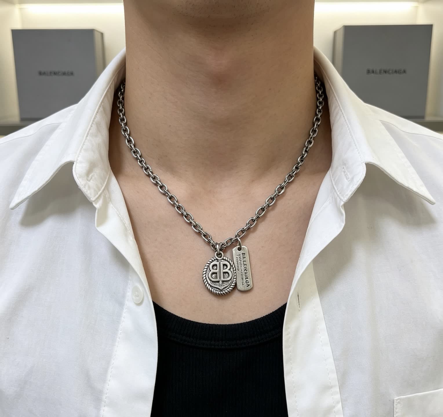 Balenciaga Silver Chain with Logo Pendant