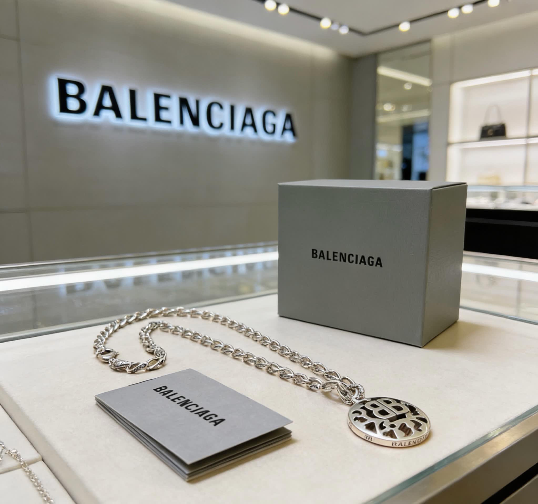 Balenciaga Silver Logo Pendant Necklace