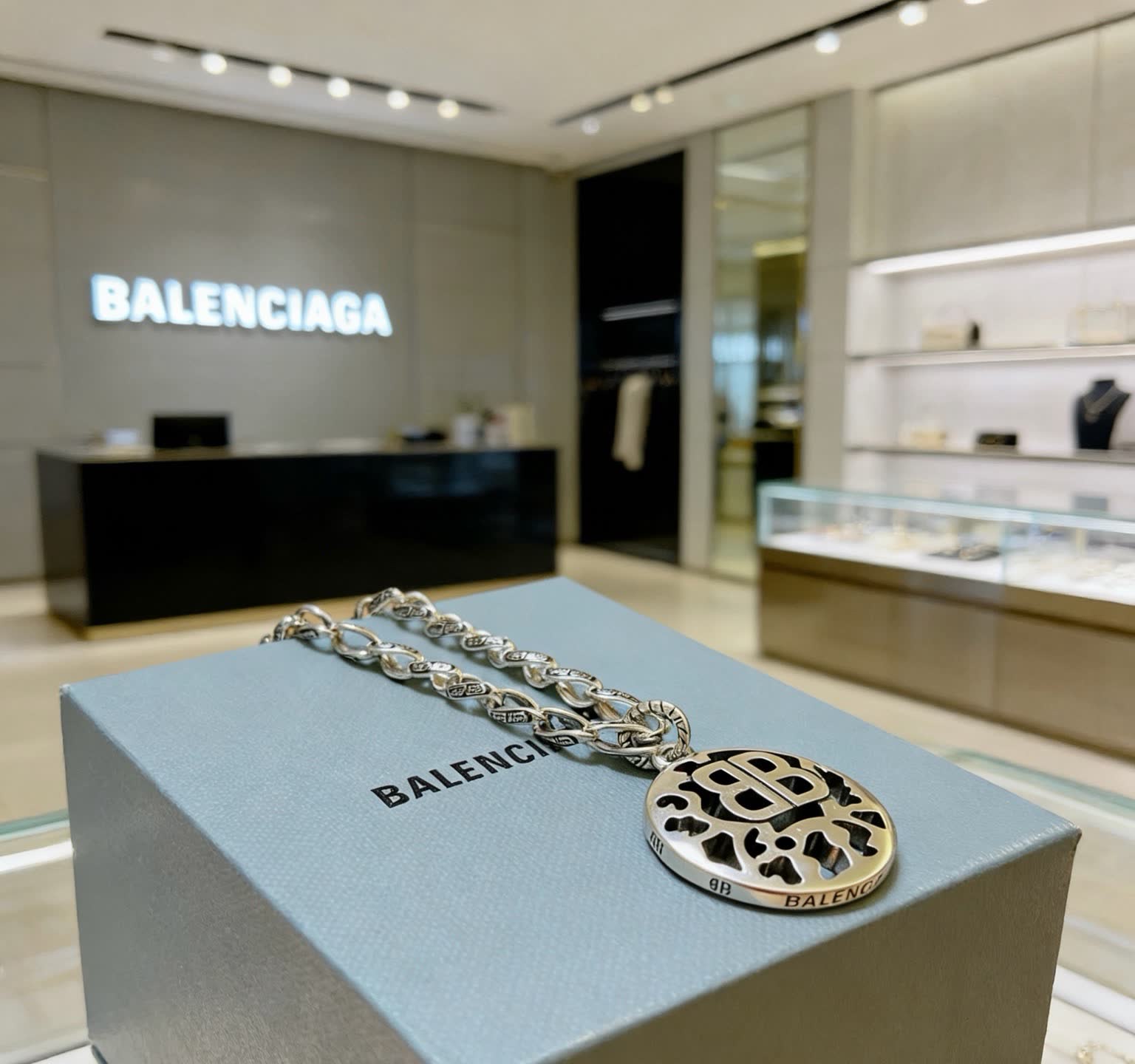 Balenciaga Silver Logo Pendant Necklace