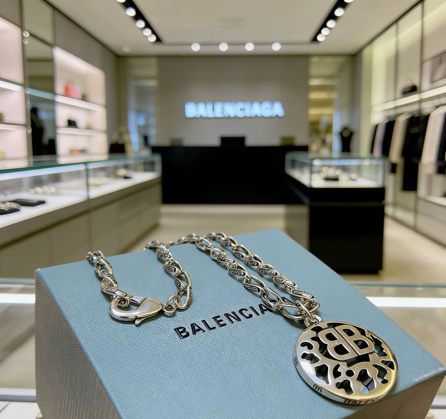 Balenciaga Silver Logo Pendant Necklace