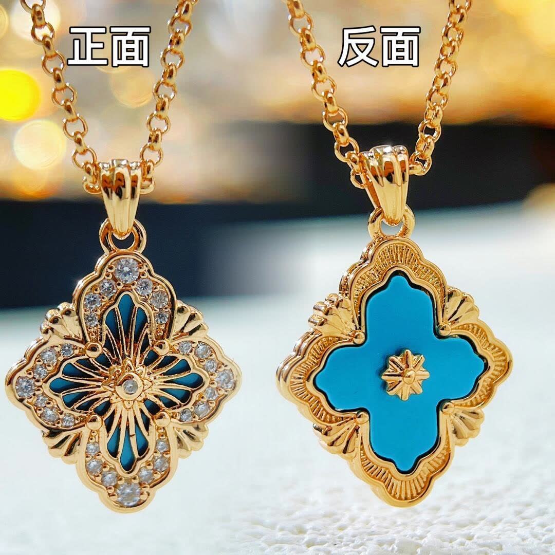 Buccellati Gold Plated Green Enamel Flower Pendant Necklace